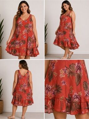 NWT Cherish Floral Dress Women’s Size L Orange Pink 100% Cotton Made in Italy